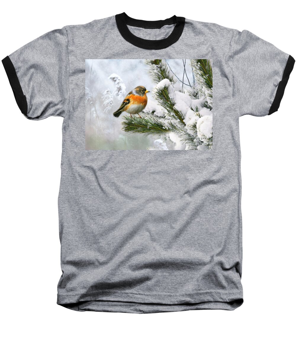 Chaffinch Baseball T-Shirt featuring the mixed media Chaffinch in Snow by Morag Bates