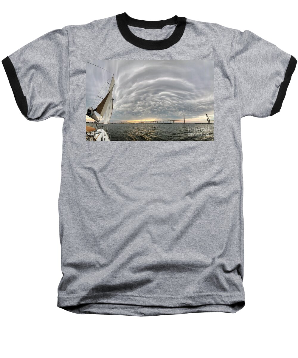 Charleston Storm Clouds Baseball T-Shirt featuring the photograph Charleston Storm Clouds, Sailing, Ravanel Bridge by Dustin K Ryan