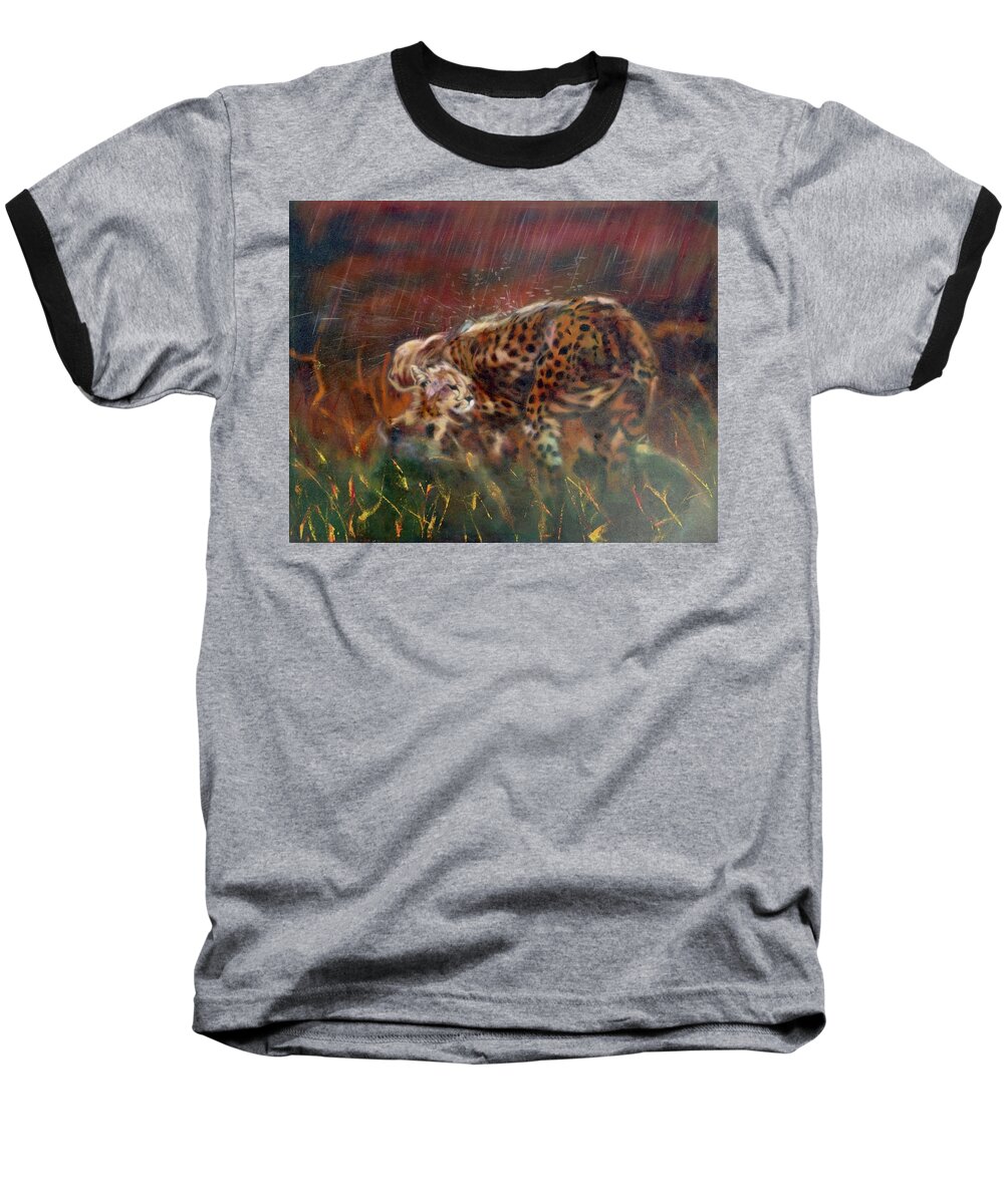 Realism Baseball T-Shirt featuring the painting Cheetah Family In Monsoon by Sean Connolly