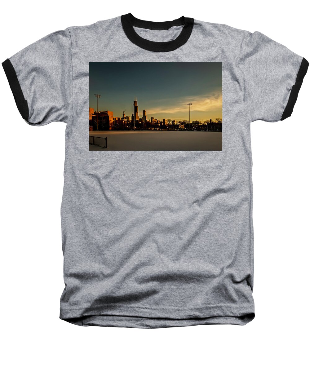 Chicago Baseball T-Shirt featuring the photograph Chicago Skyline in warm morning sun light by Sven Brogren