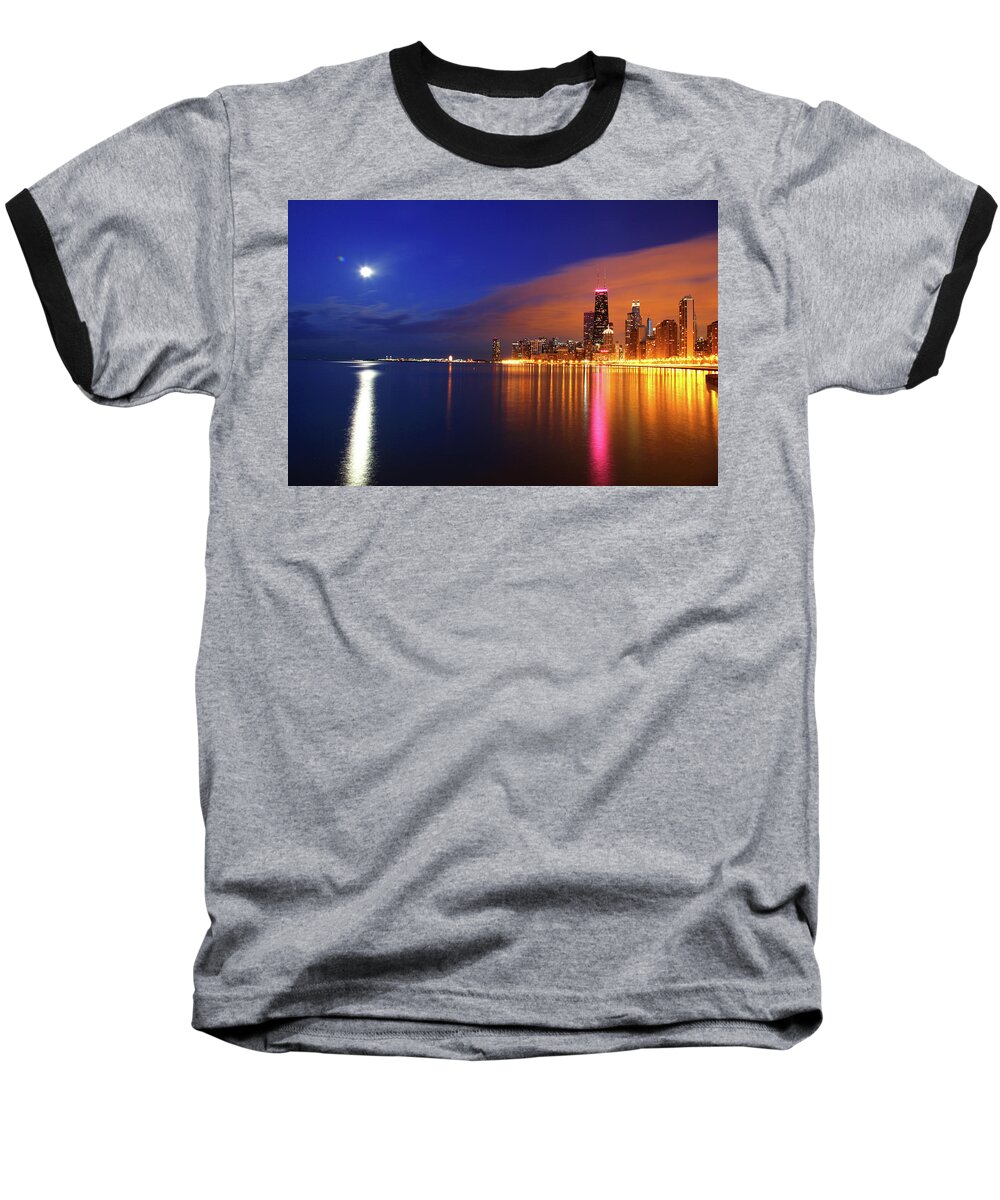 Architecture Baseball T-Shirt featuring the photograph Chicago Skyline Moonlight Water by Patrick Malon