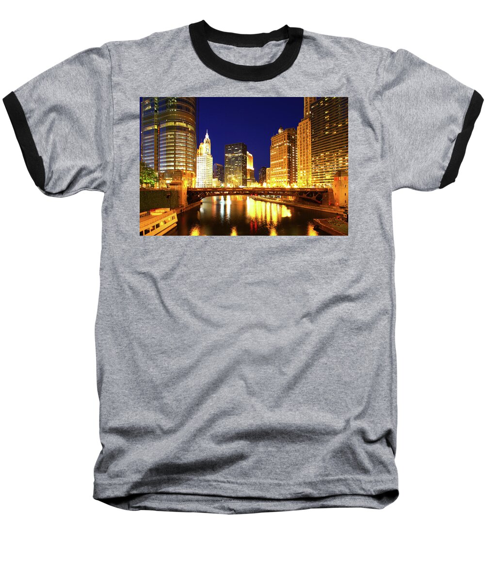 Chicago Skyline Baseball T-Shirt featuring the photograph Chicago Skyline Night River by Patrick Malon
