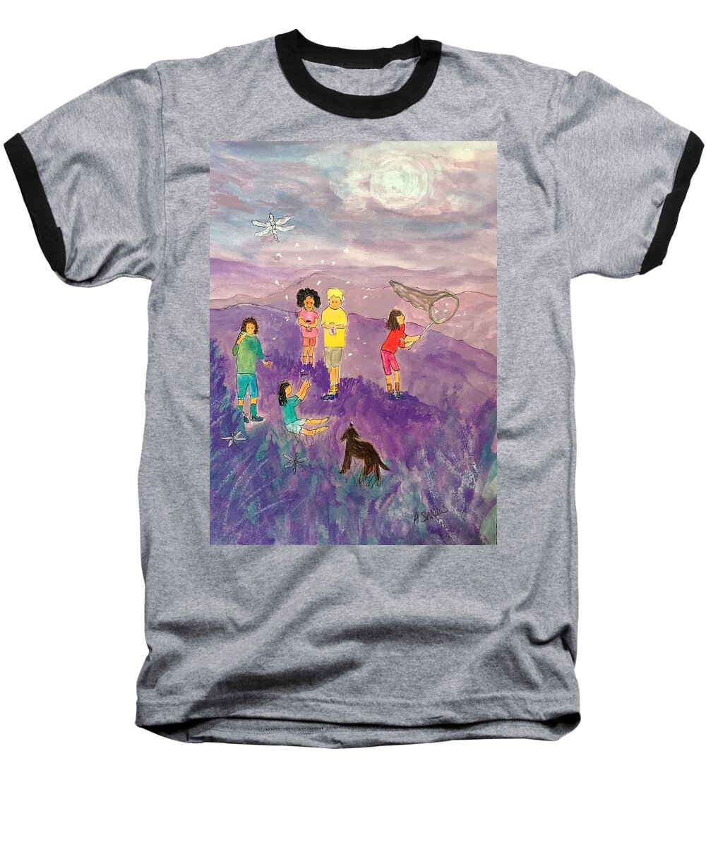 Purple Baseball T-Shirt featuring the painting Children Catching Fireflies by Anne Sands