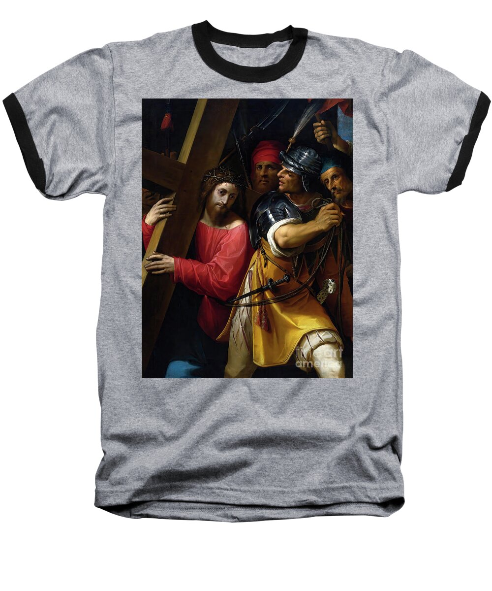Christ Carrying The Cross Baseball T-Shirt featuring the photograph Christ Carrying The Cross by Jacopo Ligozz by Carlos Diaz