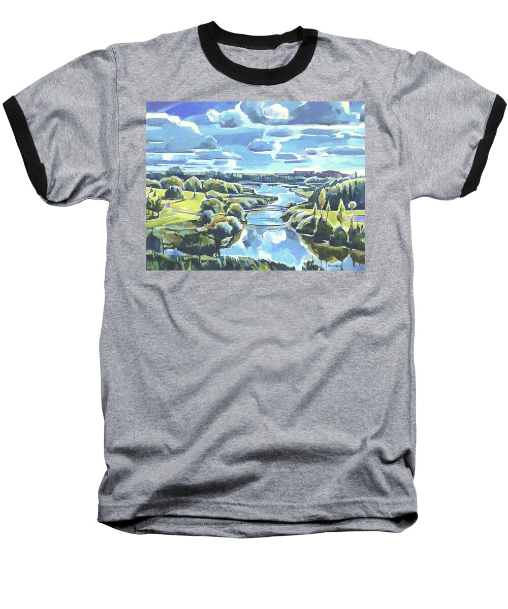  Creek Baseball T-Shirt featuring the painting Clouds over Bear Creek by Tim Heimdal
