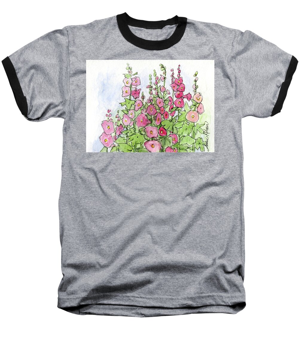 Cottage Garden Baseball T-Shirt featuring the painting Cottage Pink Hollyhock by Laurie Rohner