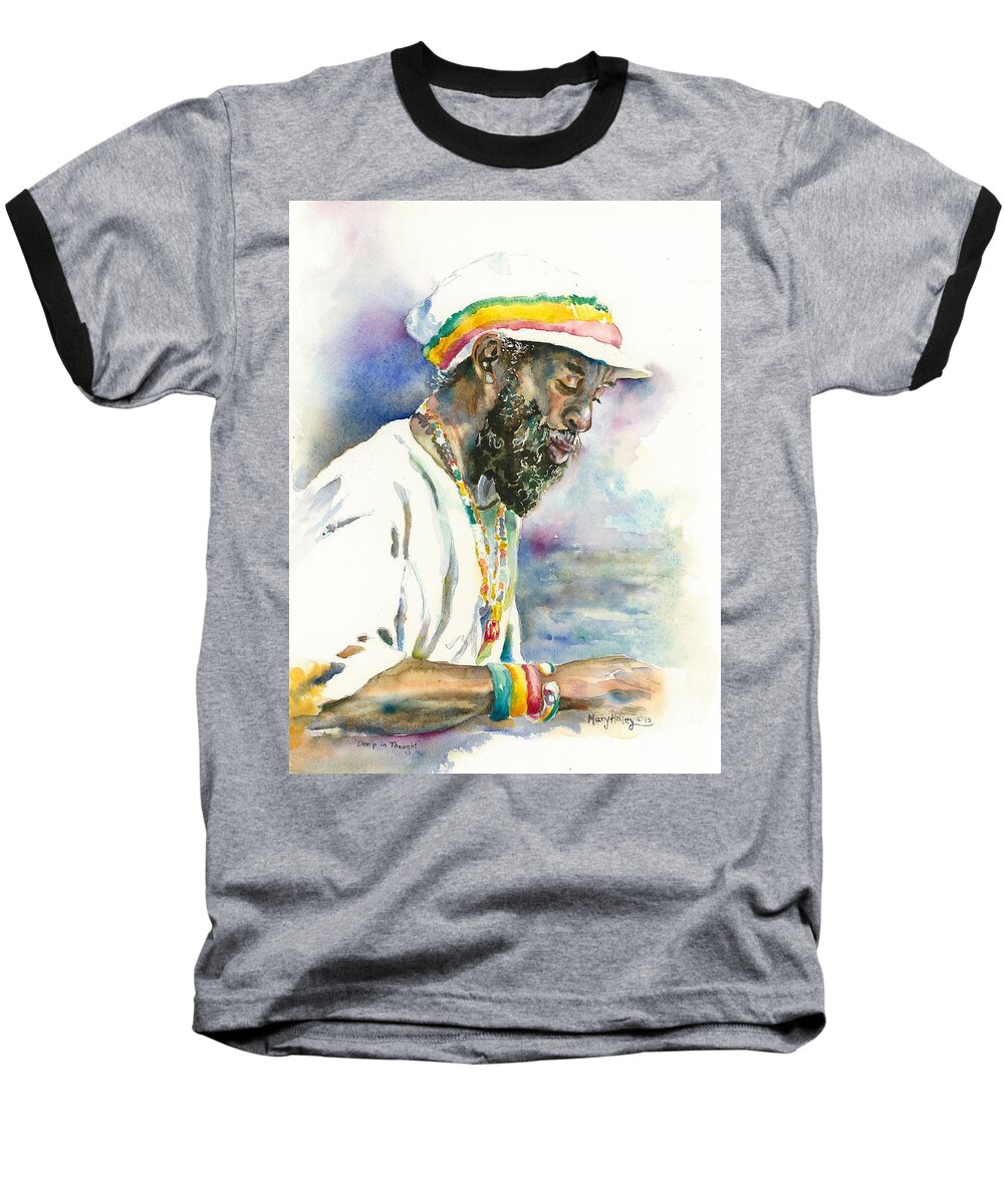 Man Baseball T-Shirt featuring the painting Deep in Thought by Mary Haley-Rocks