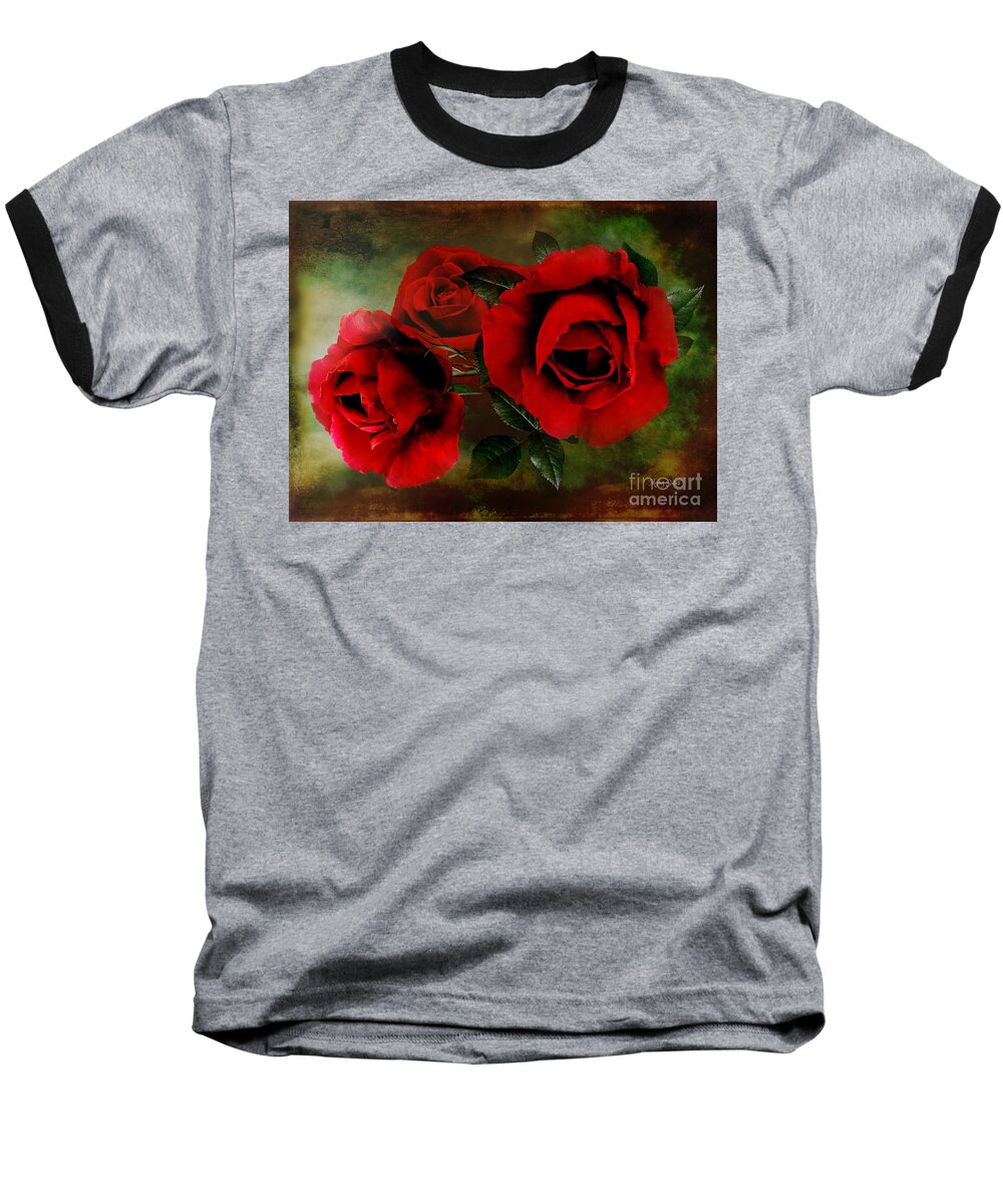 Red Roses Baseball T-Shirt featuring the digital art Deep Red Rose Trio by Morag Bates
