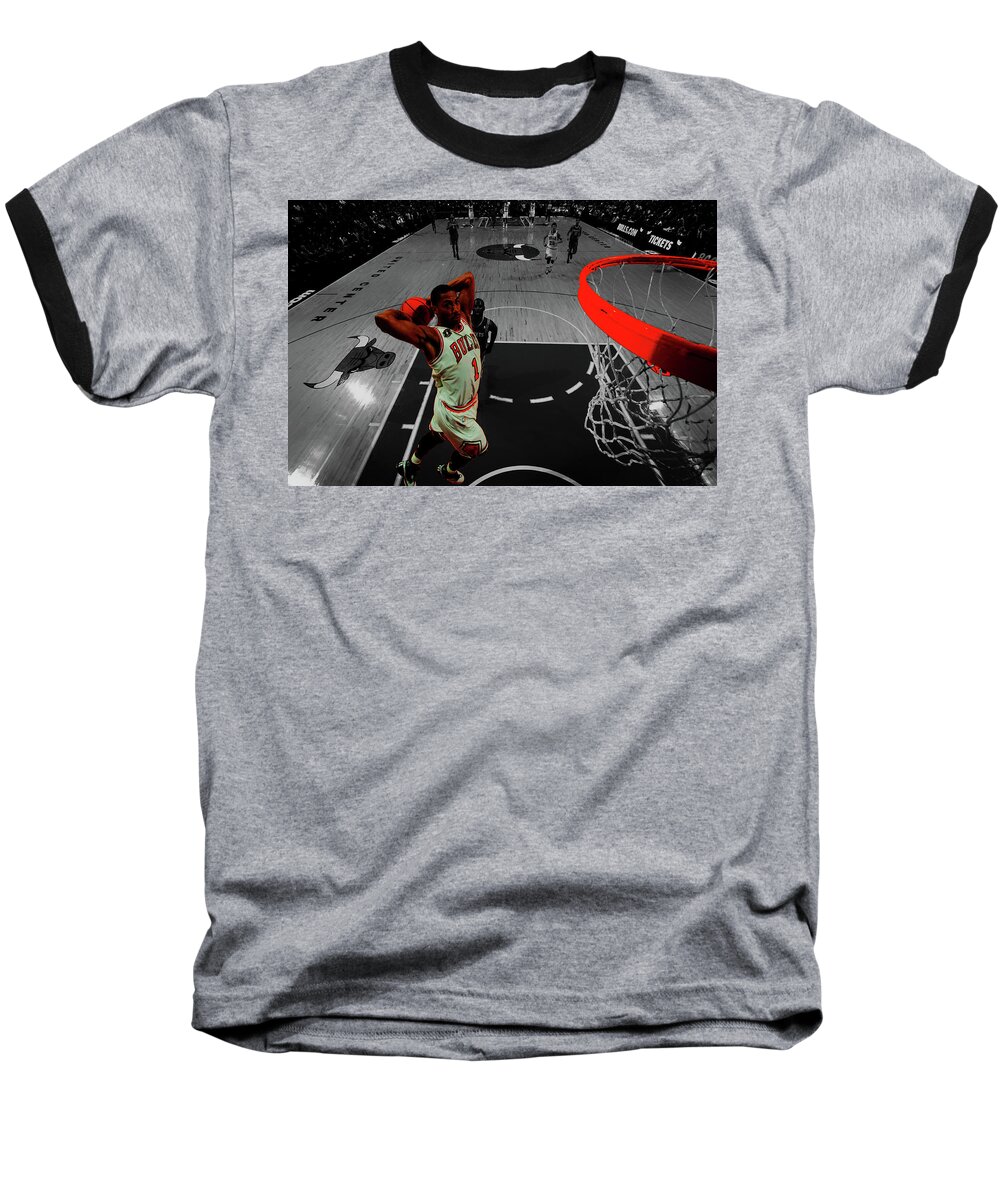 Derrick Rose Baseball T-Shirt featuring the mixed media Derrick Rose Took Flight by Brian Reaves