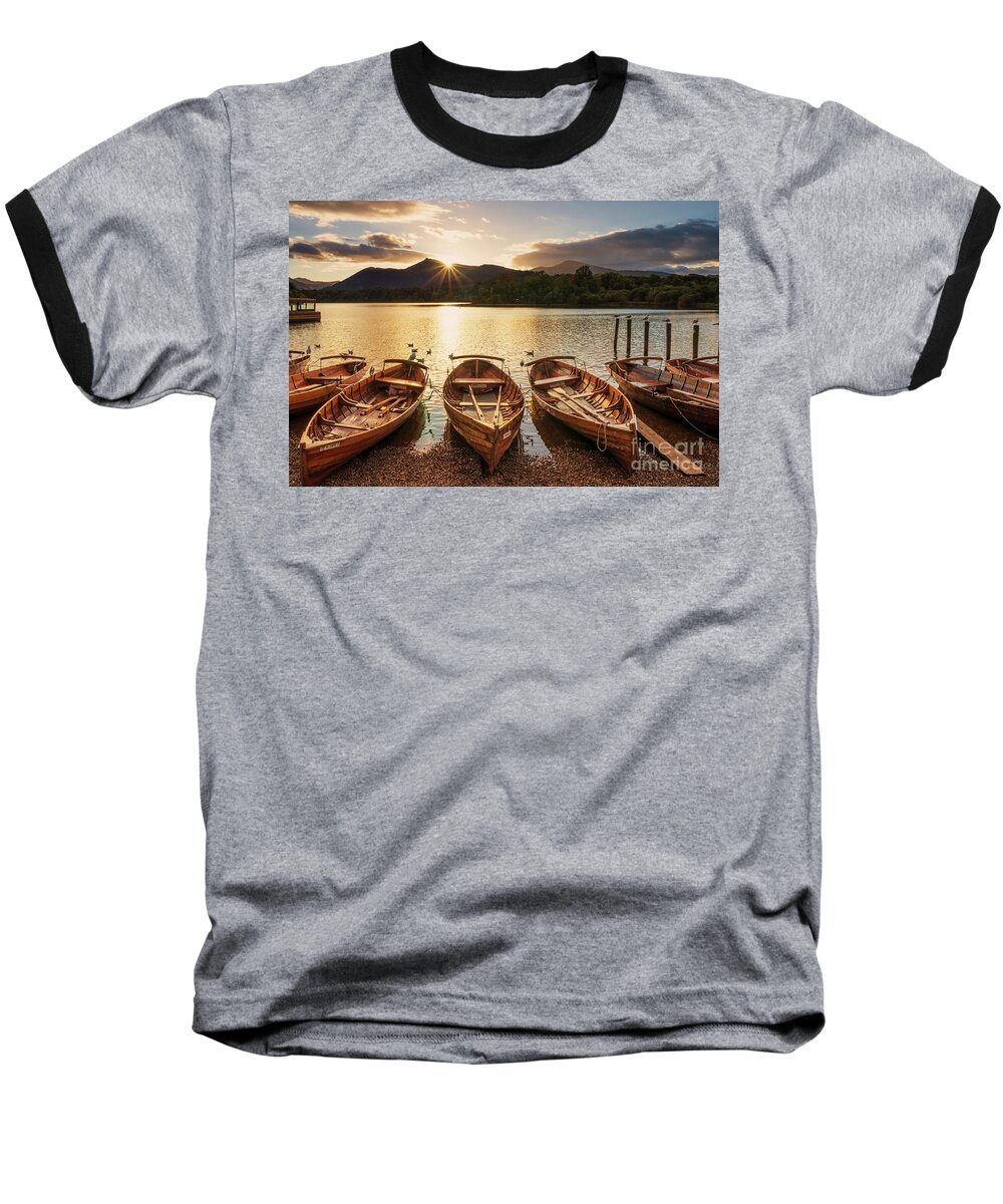 Tranquil Baseball T-Shirt featuring the photograph Derwent Water rowing boats, Keswick, English Lake District by Neale And Judith Clark