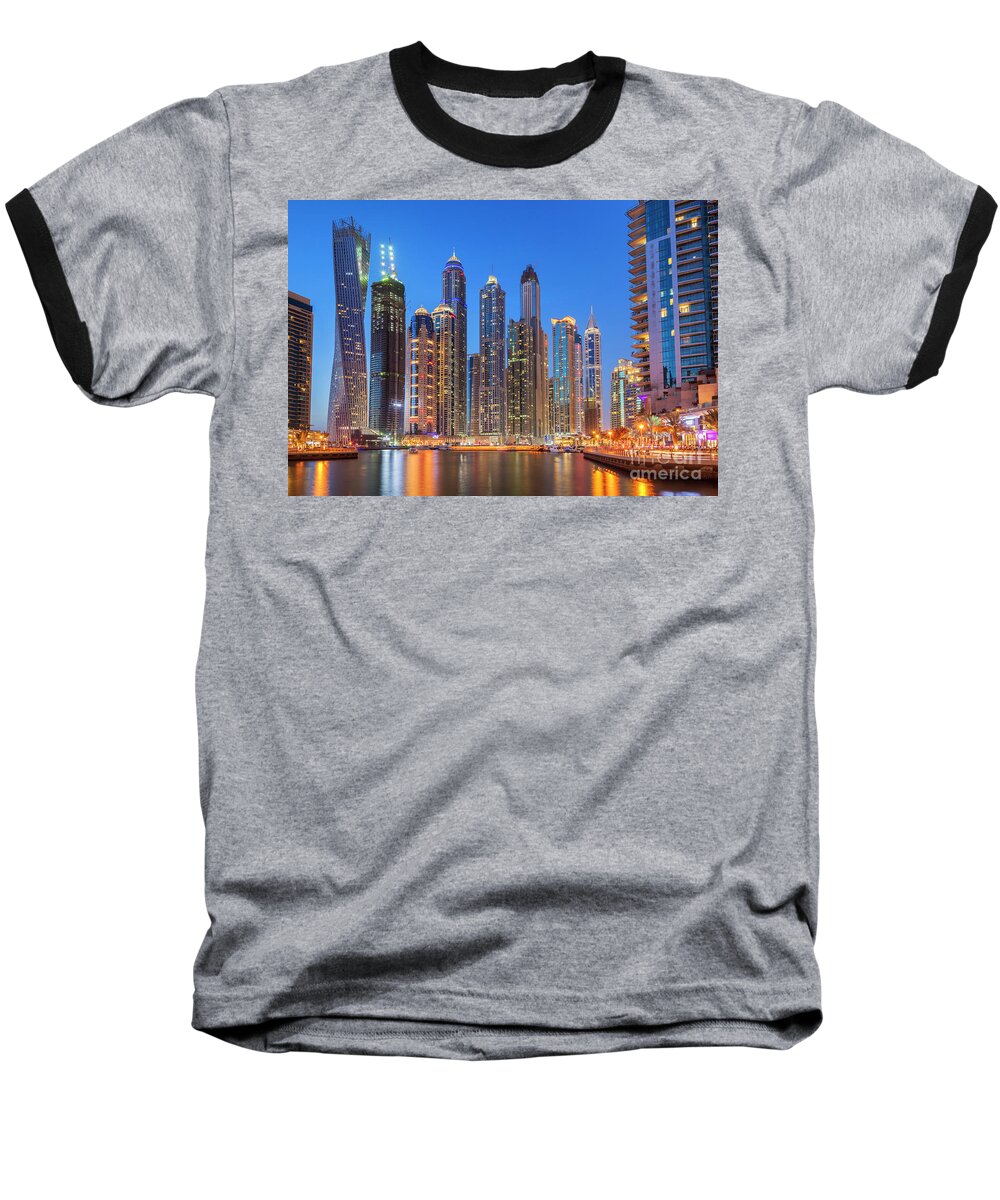 Dubai Skyline Night Baseball T-Shirt featuring the photograph Dubai Marina Skyline at night by Neale And Judith Clark
