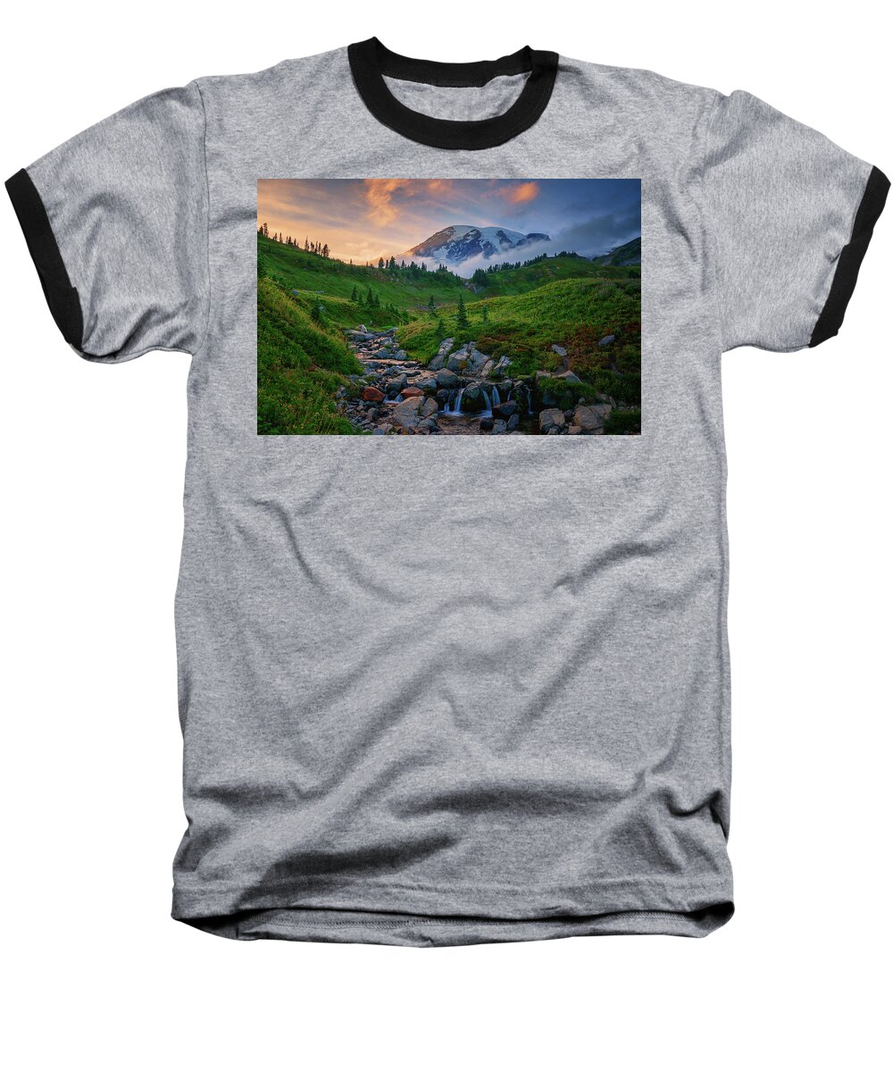 Mount Rainier Baseball T-Shirt featuring the photograph Edith Creek Sunset by Dan Mihai