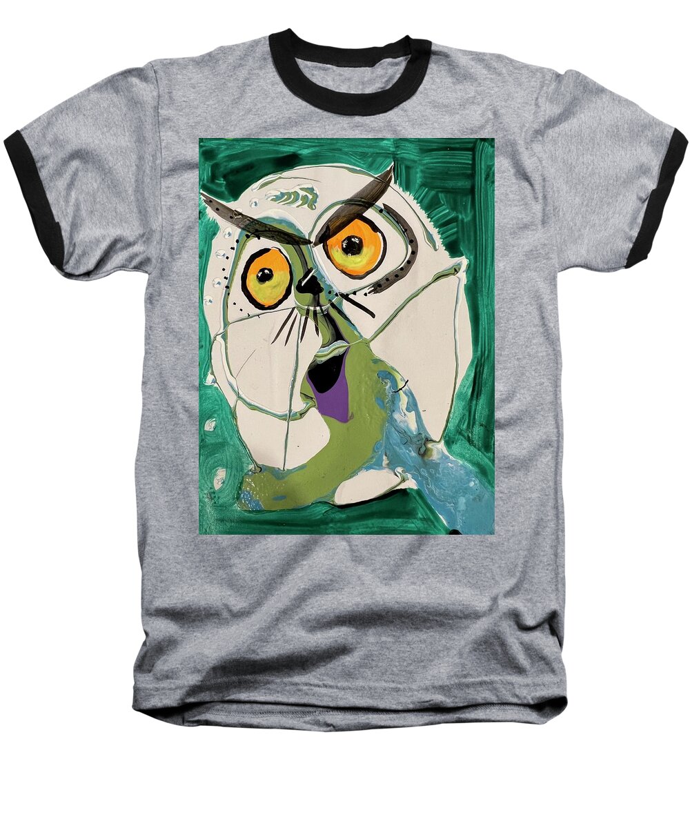 Owl Cute Modern Fun Happy Baseball T-Shirt featuring the painting Egg Owl by Laurel Bahe