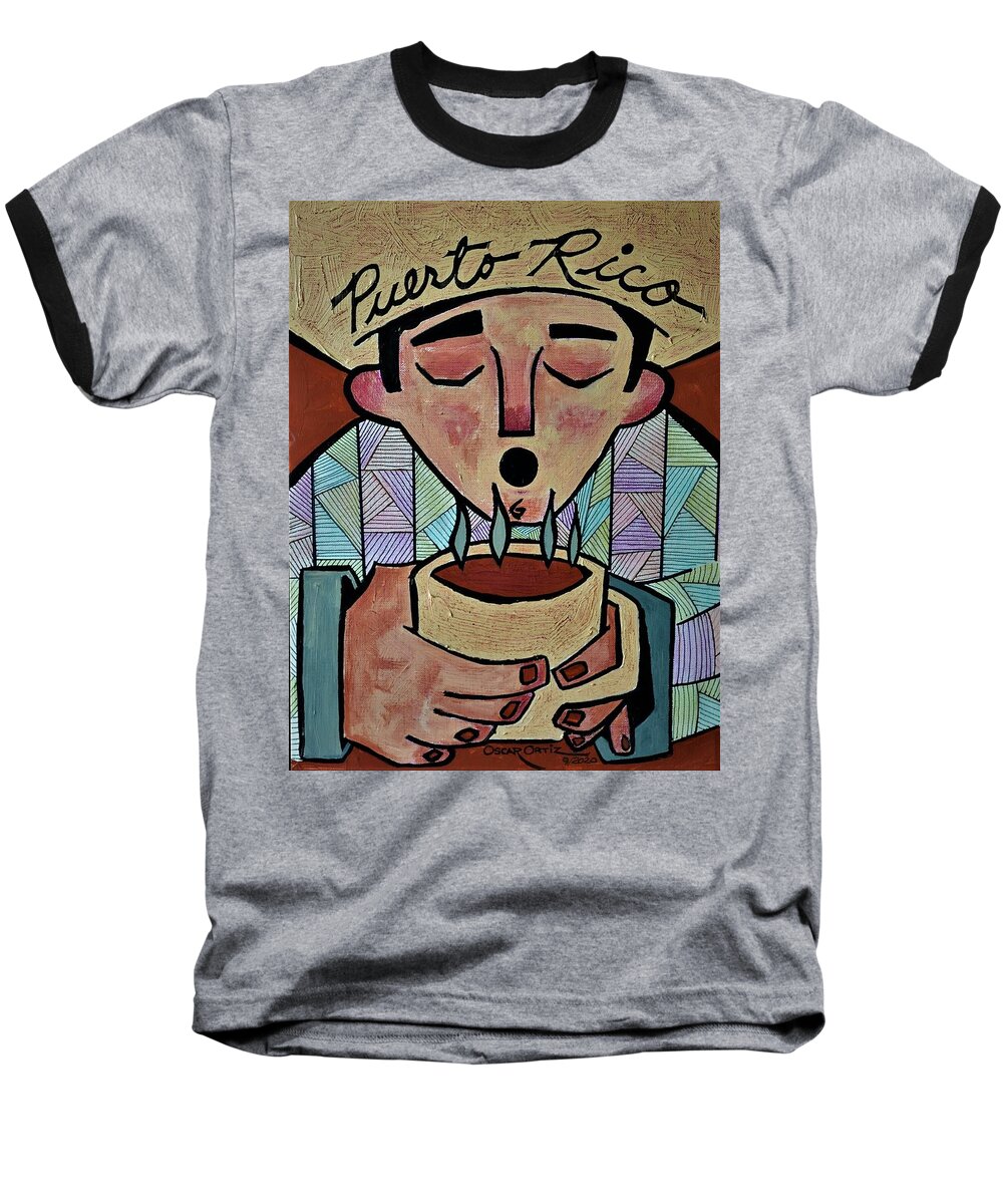 Colors Baseball T-Shirt featuring the painting El cafecito de las tres by Oscar Ortiz