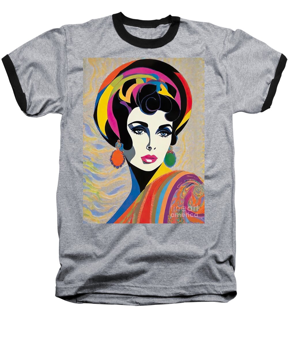 Elizabeth Taylor Baseball T-Shirt featuring the digital art Elizabeth Taylor abstract portrait by Movie World Posters
