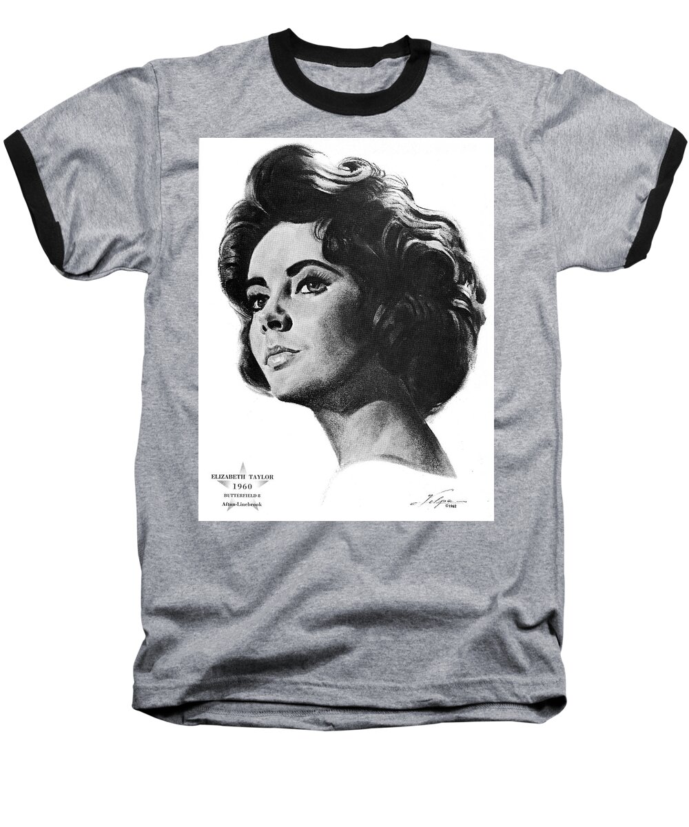 Elizabeth Baseball T-Shirt featuring the drawing Elizabeth Taylor by Volpe by Movie World Posters