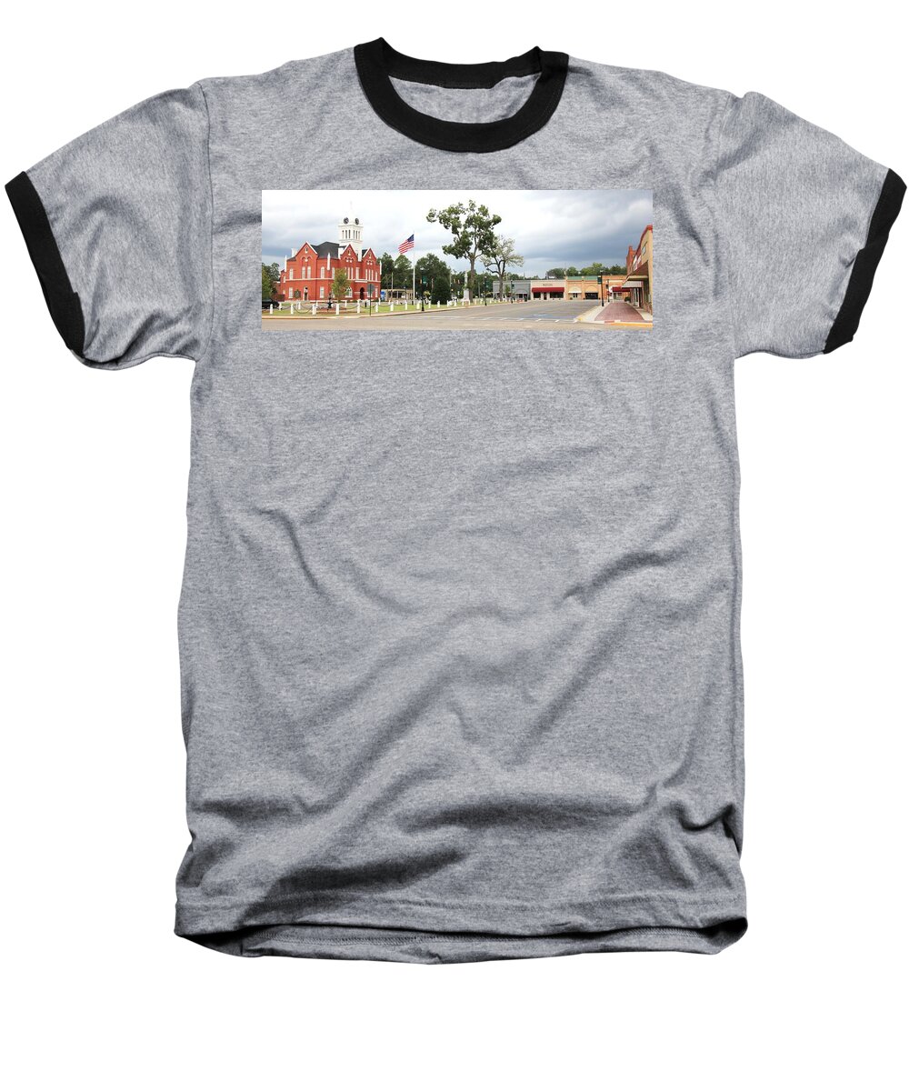 Schley Ellaville Courthouse Stores Square Caylee Hammock Brent Cobb Baseball T-Shirt featuring the photograph Ellaville Georgia - Sunday Morning by Jerry Battle