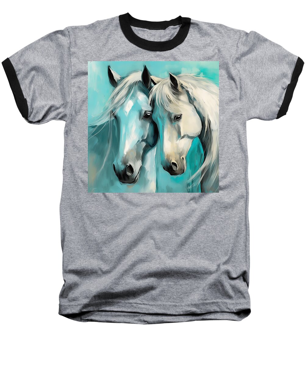 Blue And White Abstract Baseball T-Shirt featuring the painting Equine Love - White Horses Art by Lourry Legarde