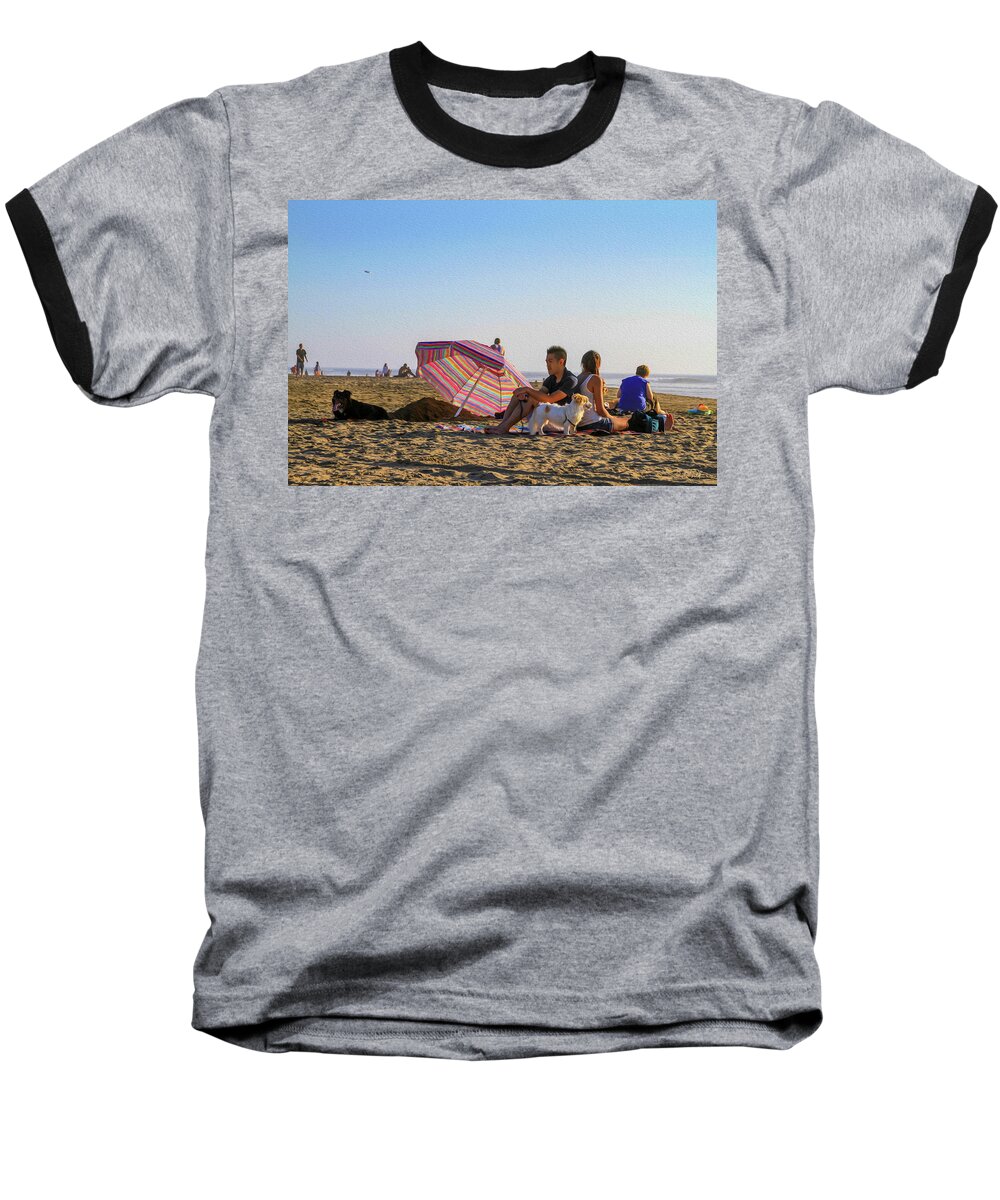 Bonnie Follett Baseball T-Shirt featuring the digital art Family at Ocean Beach with Dogs by Bonnie Follett