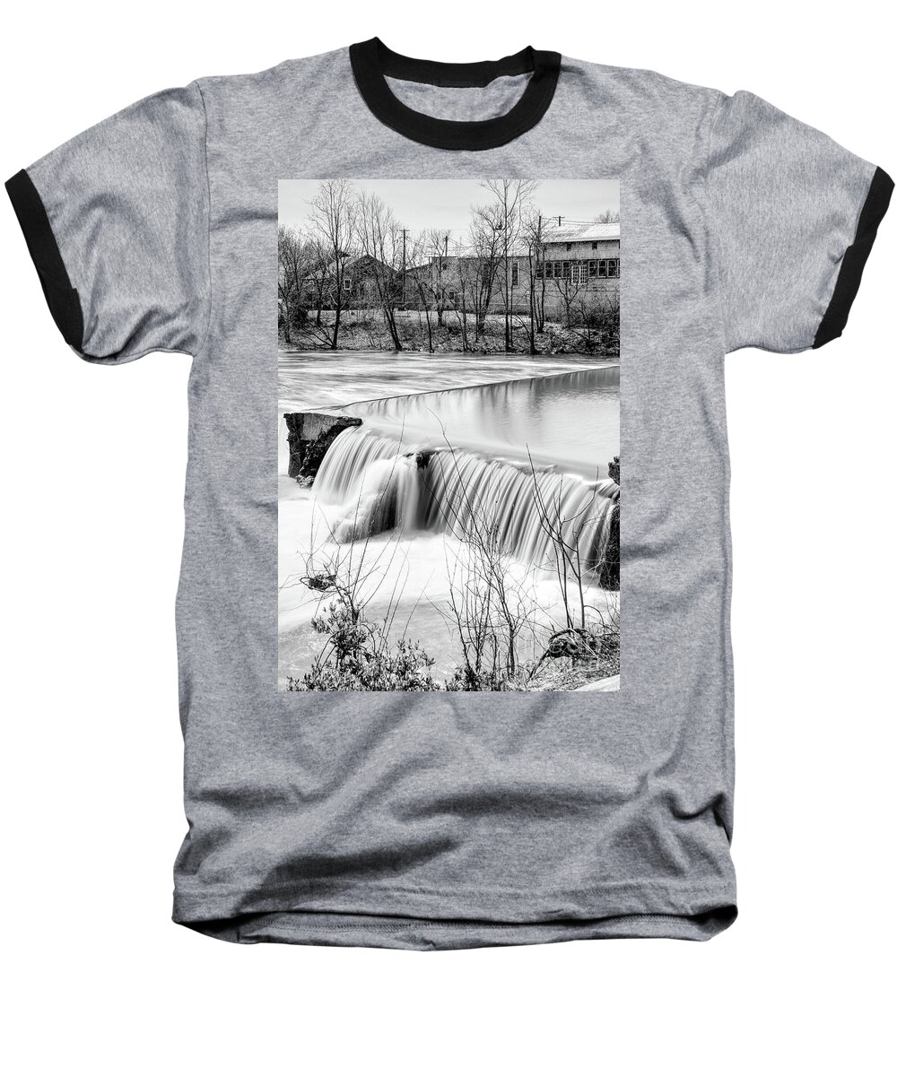 Waterfall Baseball T-Shirt featuring the photograph Finley River Dam By Ozark Mill Grayscale by Jennifer White