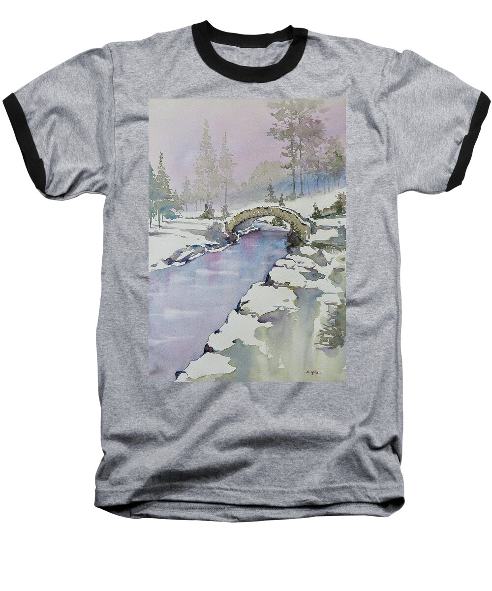 Watercolor Baseball T-Shirt featuring the painting First Snow by Geni Gorani