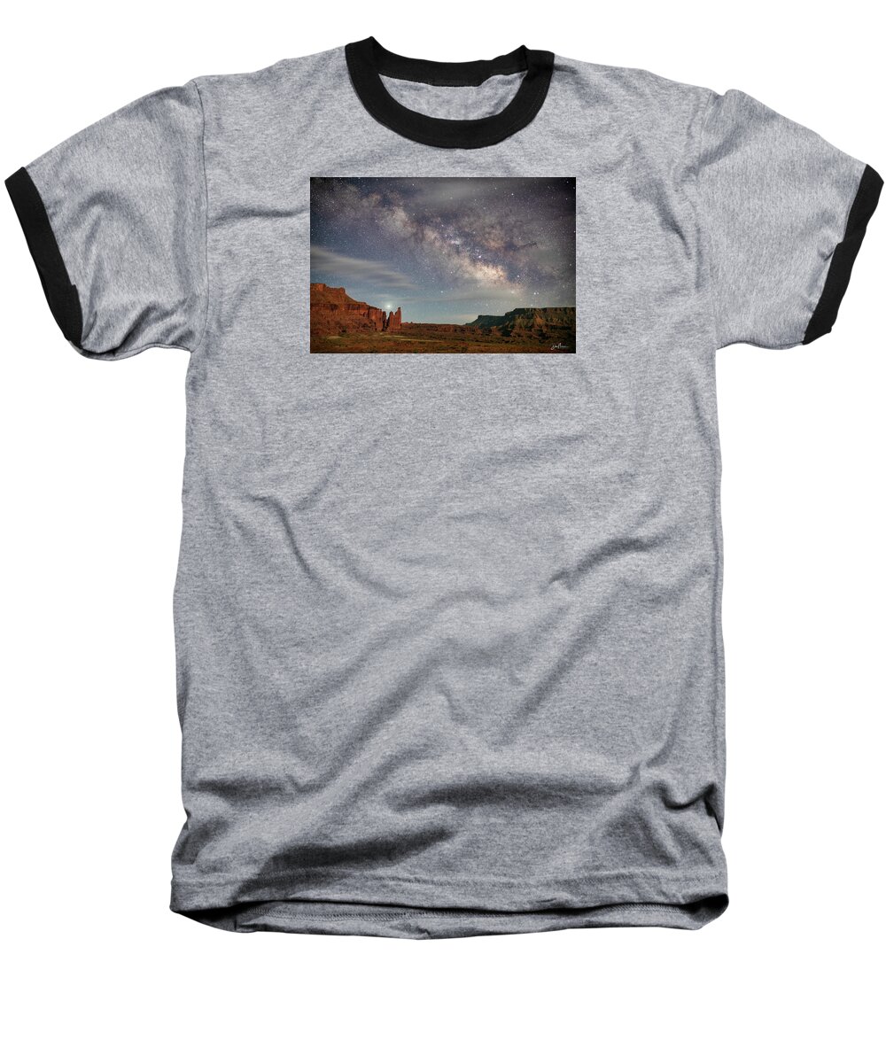 Moab Utah Desert Colorado Plateau Milky Way Night Professor Valley Castle Valley Baseball T-Shirt featuring the photograph Fisher Towers and the Milky Way by Dan Norris