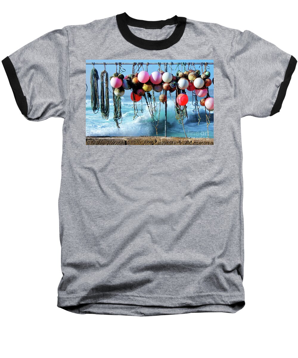 Cornwall Baseball T-Shirt featuring the photograph Fishing Buoys by Terri Waters