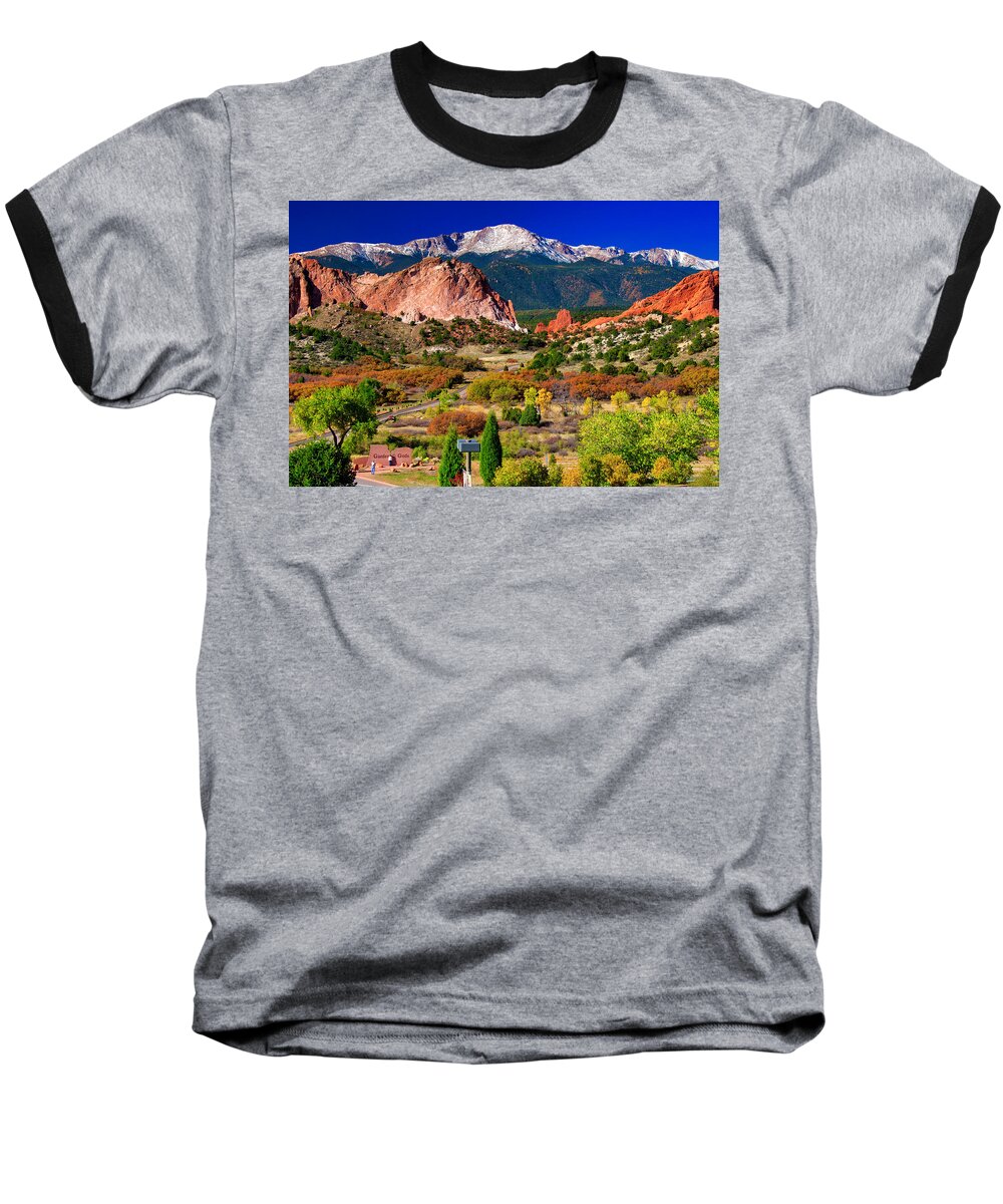 Pikes Peak National Forest Baseball T-Shirt featuring the photograph Garden of the Gods in Autumn 2011 by John Hoffman