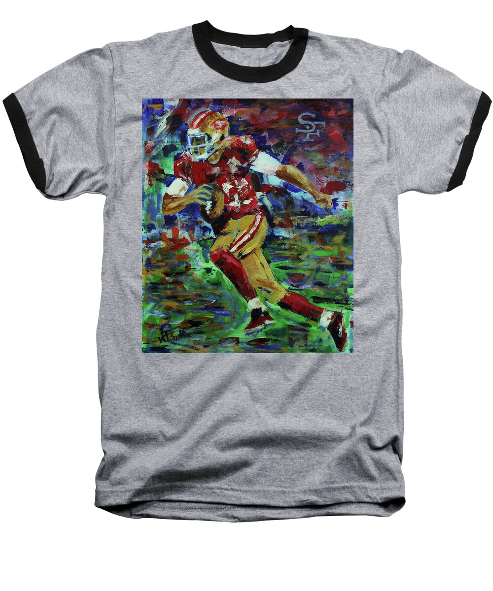 49ers Baseball T-Shirt featuring the painting Gold Blooded 49ers by Walter Fahmy