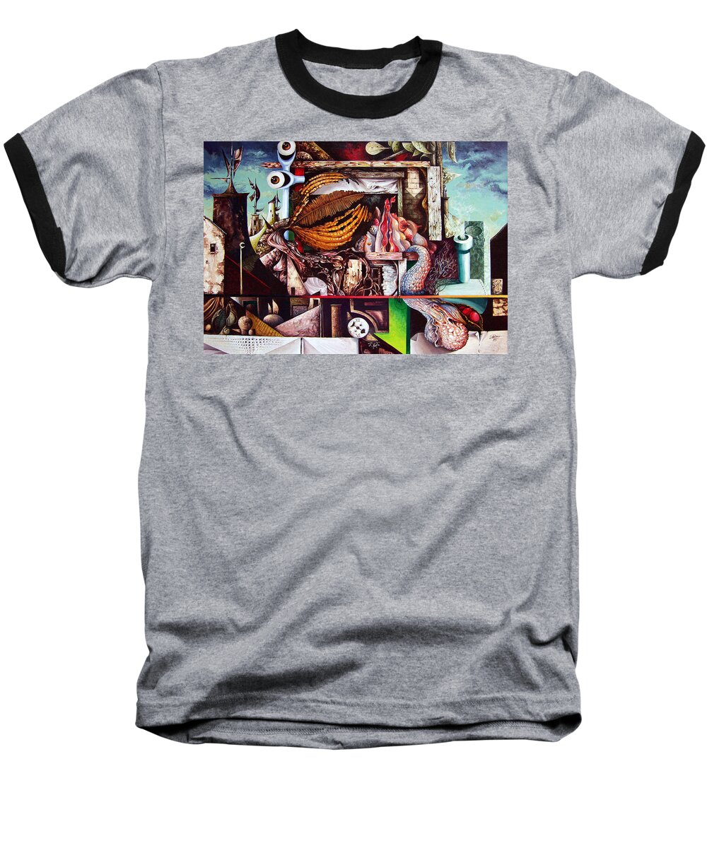 Surrealism Baseball T-Shirt featuring the painting Grey Day At The Factory by Otto Rapp