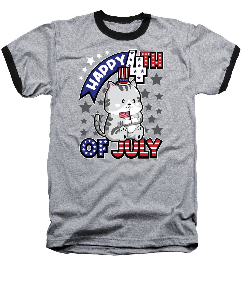 4th Of July Baseball T-Shirt featuring the digital art Happy Fourth Of July Cat USA with Flag by Mister Tee