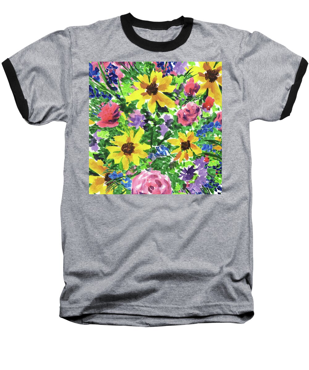 Flowerbed Baseball T-Shirt featuring the painting Happy Impressionistic Flowers Yellow Pink Blue Watercolor Flowerbed by Irina Sztukowski