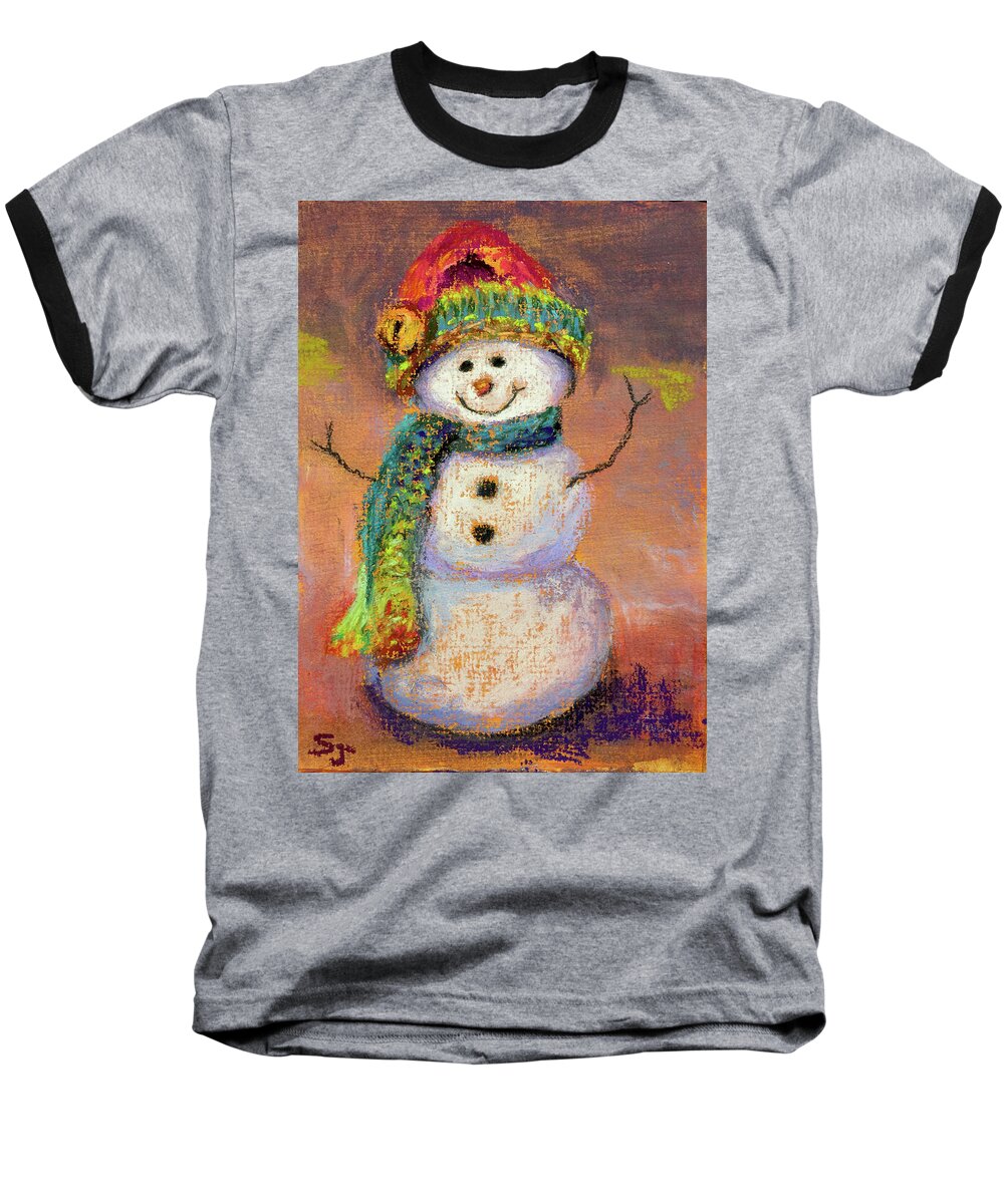 Snowman Baseball T-Shirt featuring the pastel Happy Snowman by Susan Jenkins