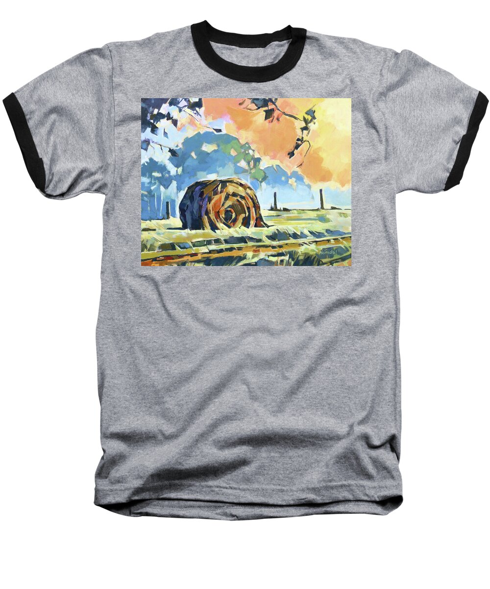  Hay Baseball T-Shirt featuring the painting Hay Bale in the Mist by Tim Heimdal