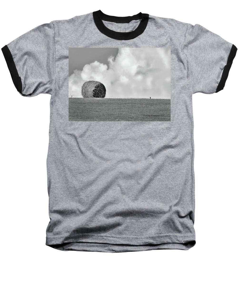 Black Baseball T-Shirt featuring the photograph Hay Bale on the Hill by Denise Romano