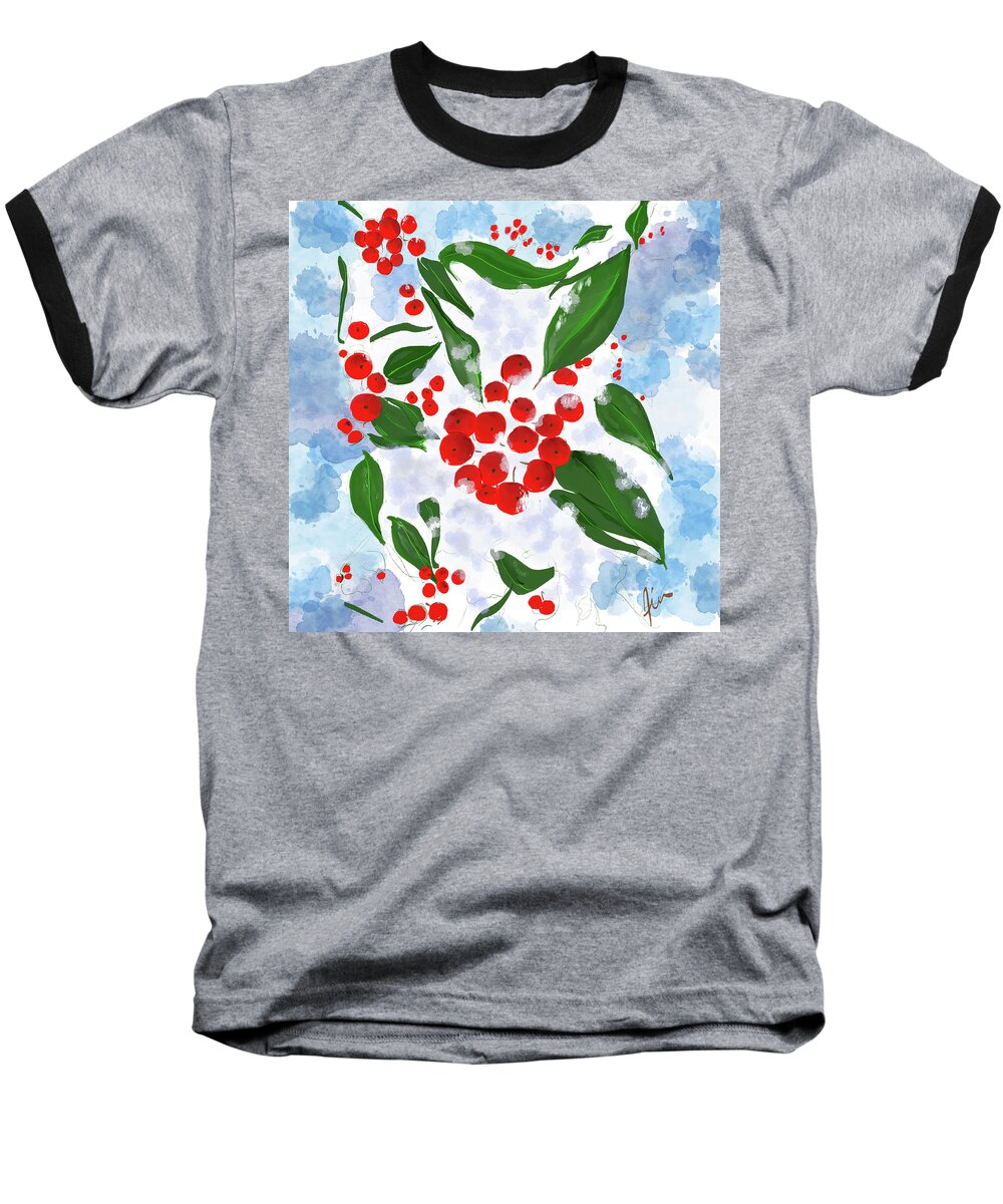 Holly Baseball T-Shirt featuring the digital art Holly Berries in Snow by Jim Moore