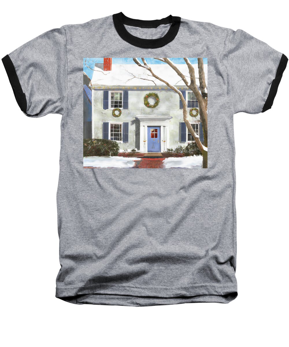 House Baseball T-Shirt featuring the digital art Home for the Holidays - House with Wreaths by Alison Frank