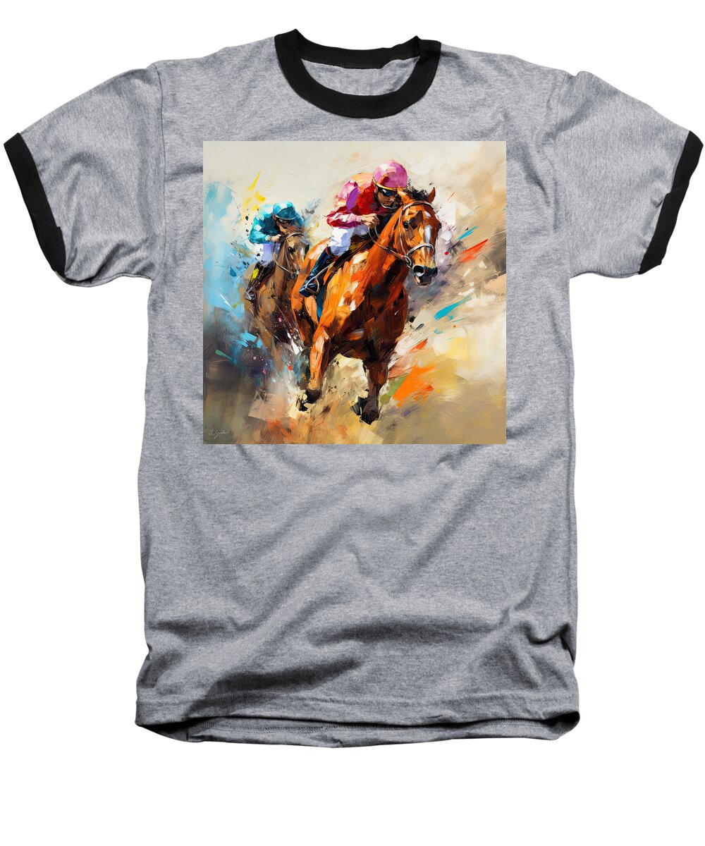 Horse Racing Baseball T-Shirt featuring the digital art Horse Racing III - Colorful Horse Racing Artwork by Lourry Legarde