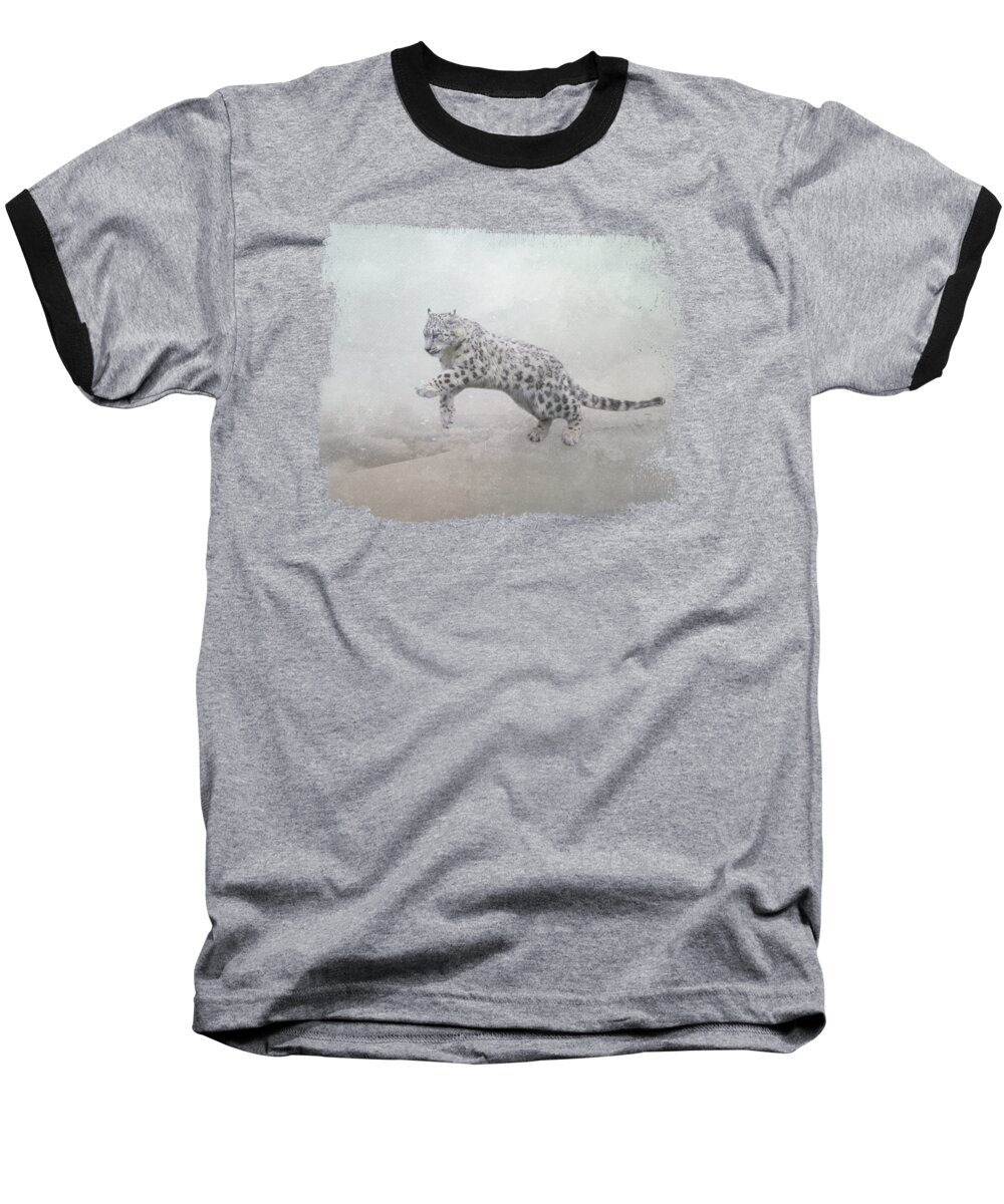 Snow Leopard Baseball T-Shirt featuring the mixed media Jumping Snow Leopard Two by Elisabeth Lucas