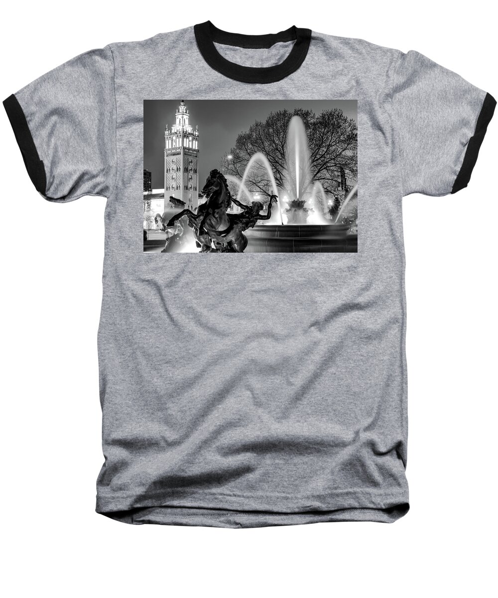 Kansas City Baseball T-Shirt featuring the photograph Kansas City Plaza and JC Nichols Fountain in Black and White Monochrome by Gregory Ballos