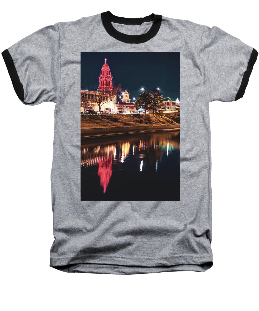 Kansas City Plaza Baseball T-Shirt featuring the photograph Kansas City Plaza Colorful Holiday Lights by Gregory Ballos