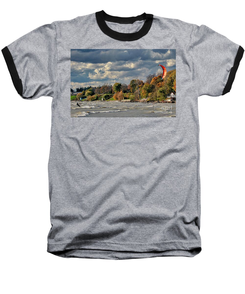 Kite Baseball T-Shirt featuring the photograph Kite Surfing on Lake Erie by Jale Fancey