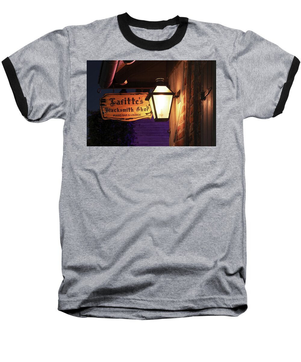 Bar Baseball T-Shirt featuring the photograph Lafitte's Blacksmith Shop Gas Lamp by Andy Crawford