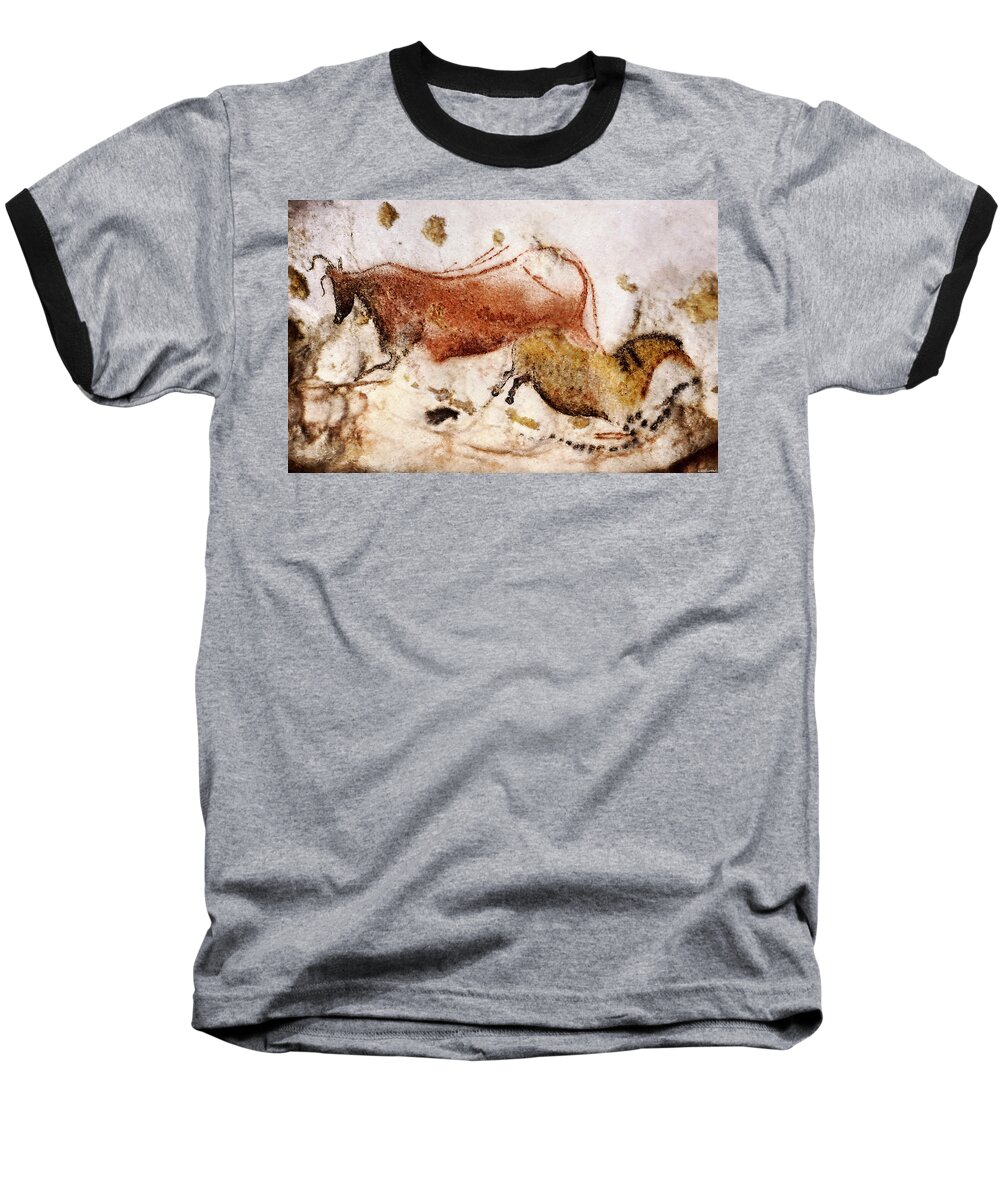 Lascaux Baseball T-Shirt featuring the digital art Lascaux Cow and Horse by Weston Westmoreland