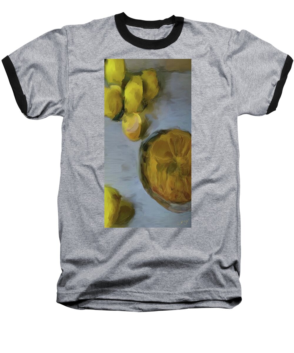 Lemons And Pie Baseball T-Shirt featuring the painting Lemons Peaches and Pie sitting on a marbles countertop in the kitchen. Food art. Kitchen art. Pie. by MendyZ