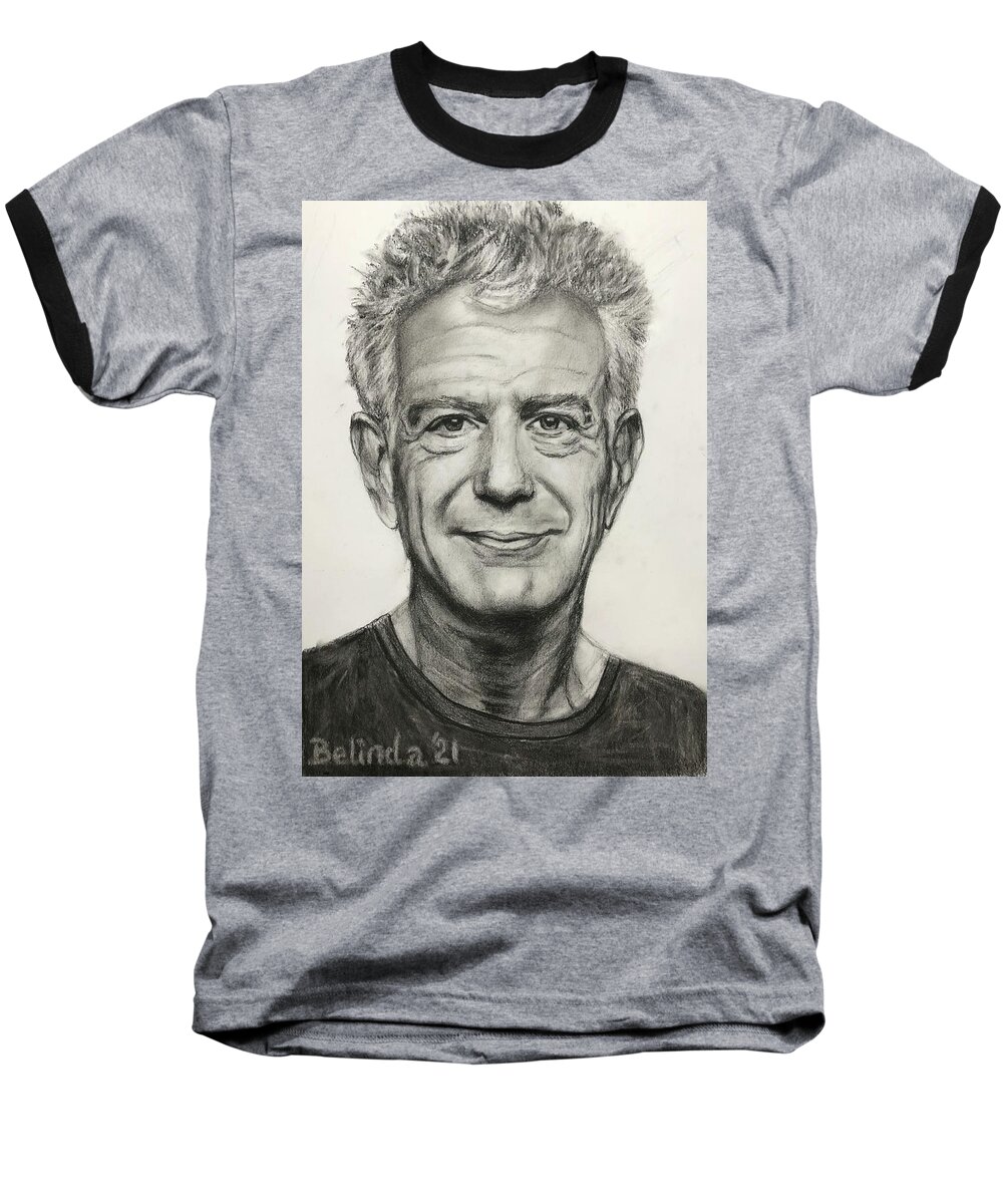 Anthony Bourdain Baseball T-Shirt featuring the drawing LIFE is BUT Just a DREAM by Belinda Low
