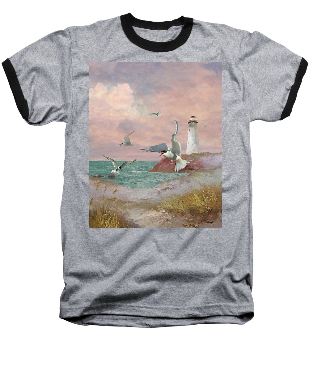 Lighthouse Baseball T-Shirt featuring the digital art Lighthouse and Terns by M Spadecaller