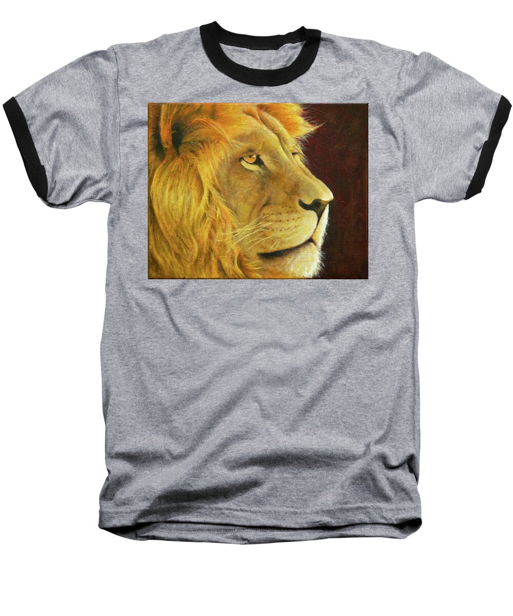 Native American Baseball T-Shirt featuring the painting Lion's Gaze by Kevin Chasing Wolf Hutchins