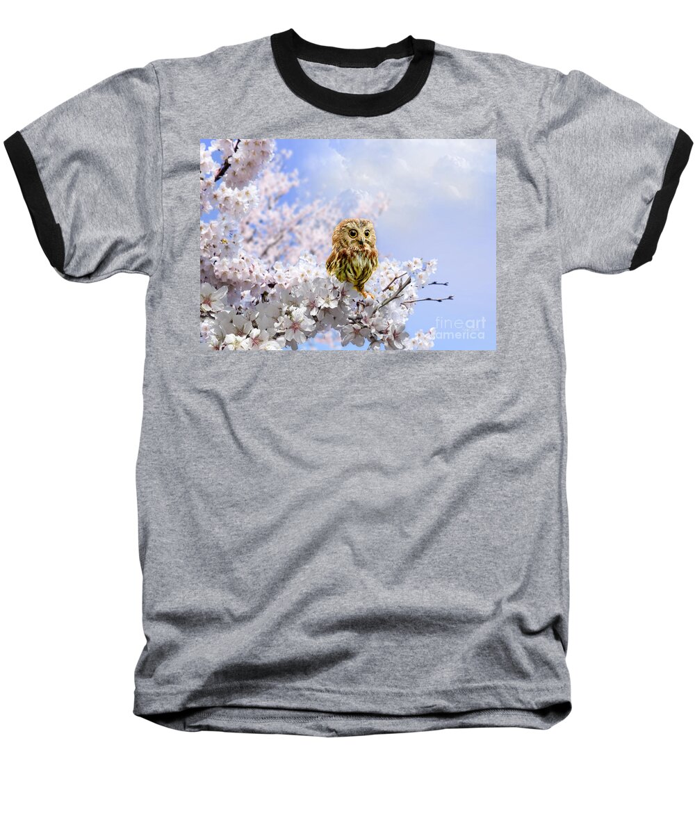 Owl Baseball T-Shirt featuring the mixed media Little Owl on Cherry Tree by Morag Bates