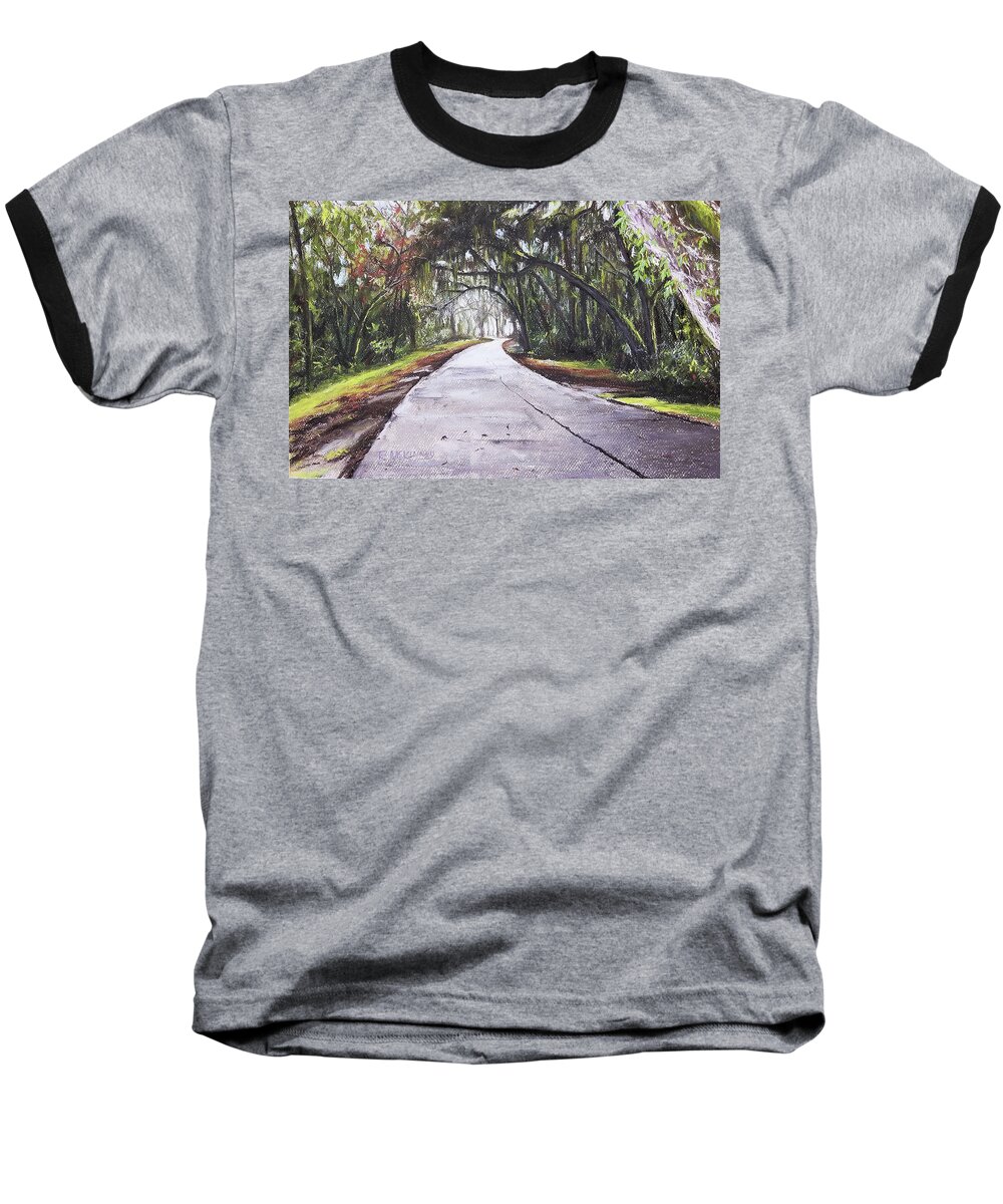 Landscape Baseball T-Shirt featuring the pastel Live Oak Road by Rick McKinney
